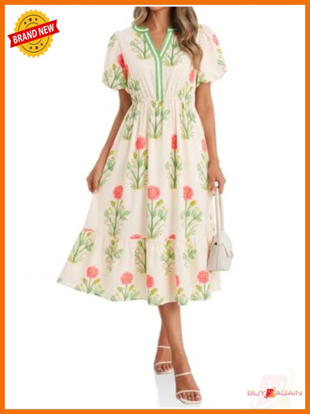 Floral Print Maxi Dress V Neck Puff Short Sleeve Beach Boho Summer A-Line